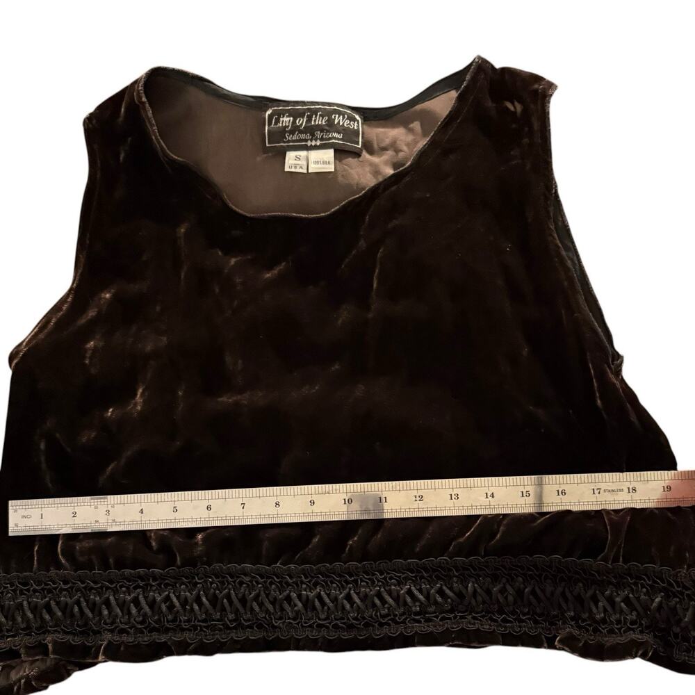 VTG 100% Silk Velvet Lace Trim Boho Y2K Crop Top Dark Brown Sleeveless Festival - Picture 9 of 10